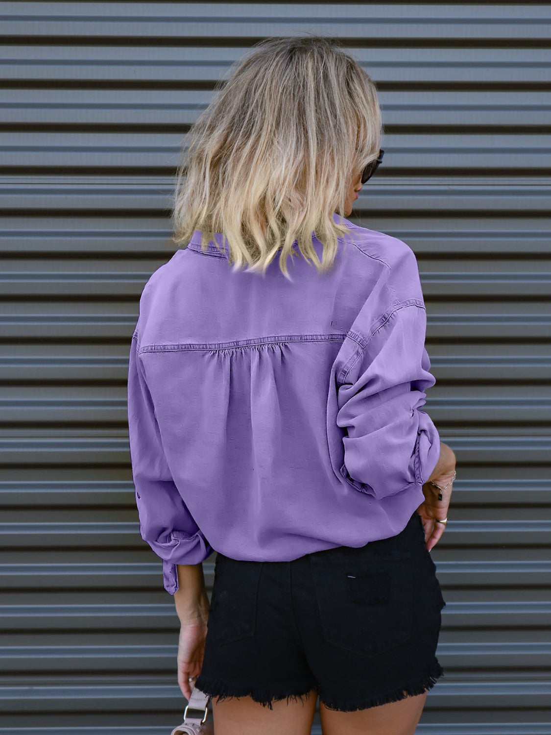 Drawstring Pocketed Button Up Denim Top - The Goddess Galleries