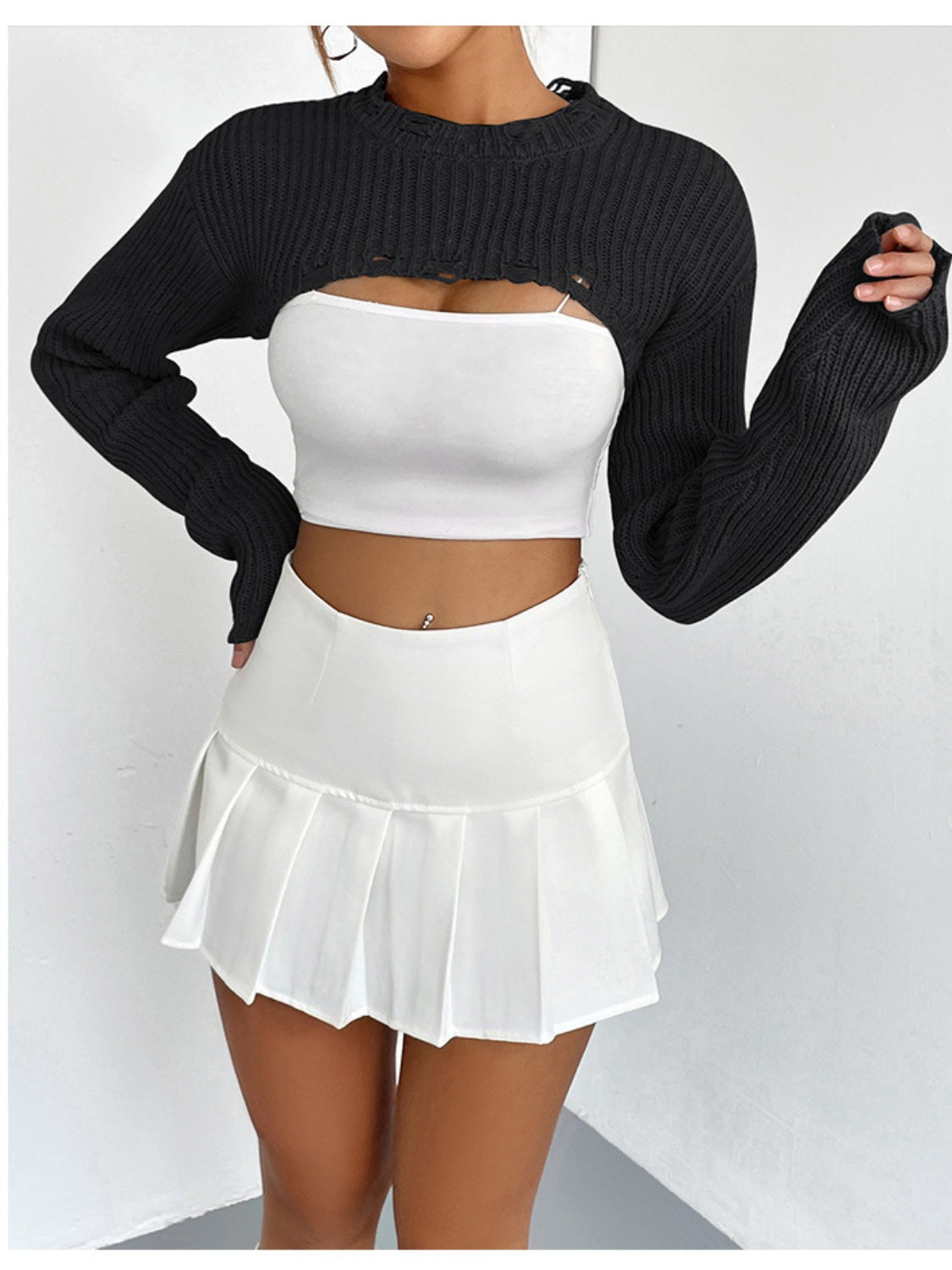 Distressed Long Sleeve Cropped Sweater - The Goddess Galleries