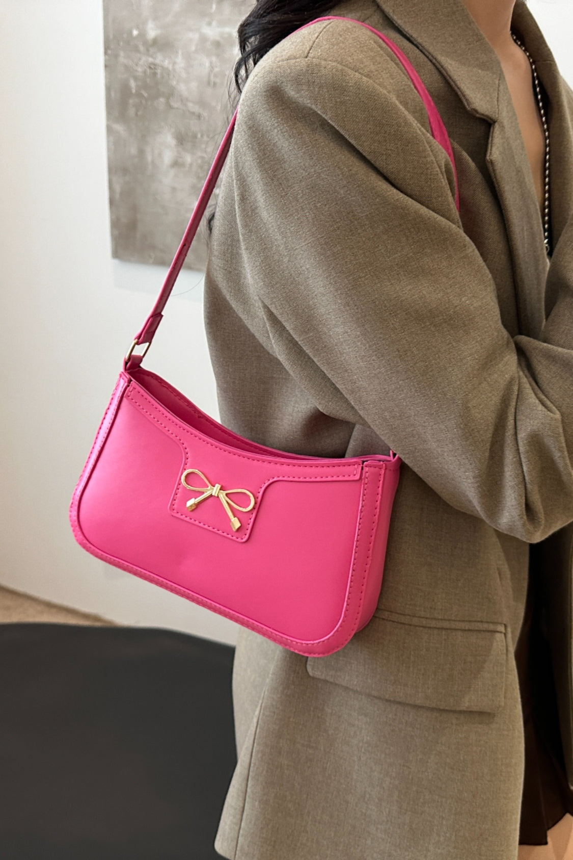 Bow Trim PU Leather Shoulder Bag - The Goddess Galleries