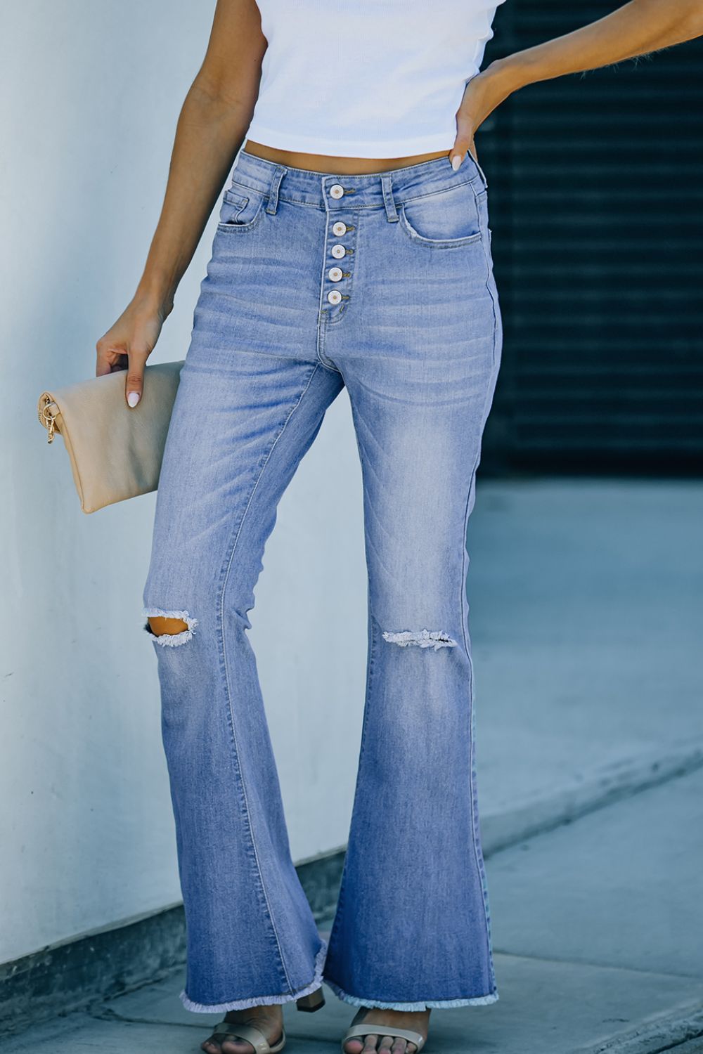 Button-Fly Distressed Raw Hem Flare Jeans - The Goddess Galleries