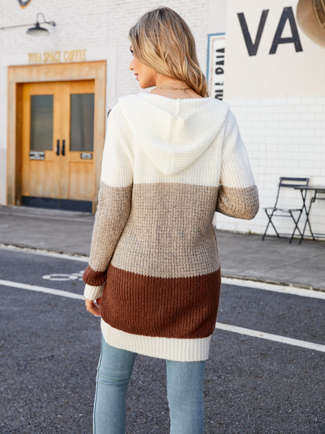Color Block Open Front Hooded Cardigan - The Goddess Galleries