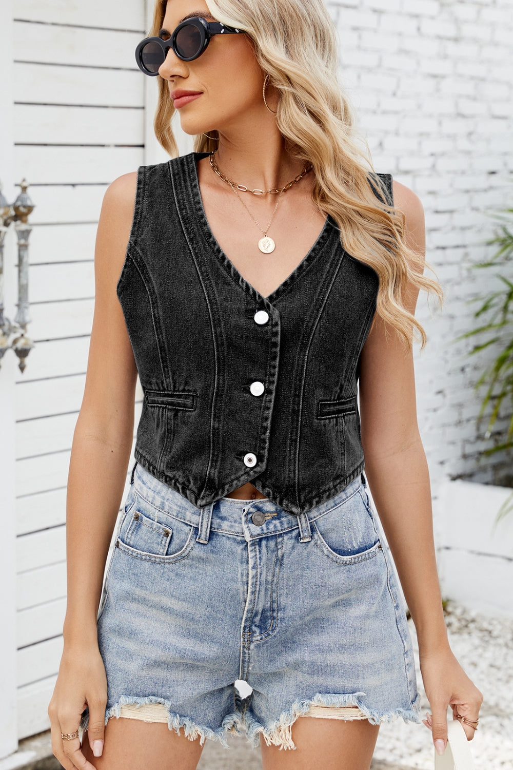 Button Down V-Neck Denim Vest - The Goddess Galleries