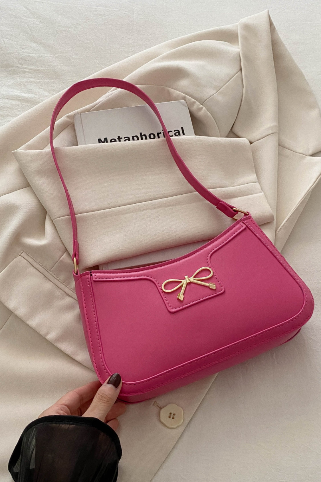 Bow Trim PU Leather Shoulder Bag - The Goddess Galleries
