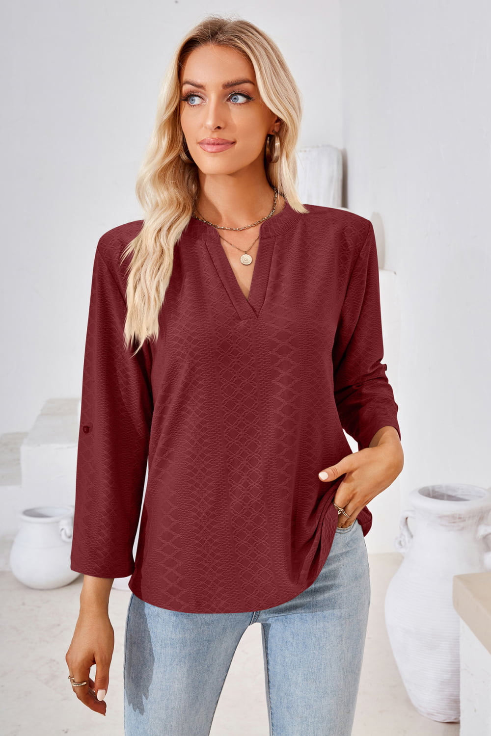 V-Neck Roll-Tap Sleeve Blouse - The Goddess Galleries