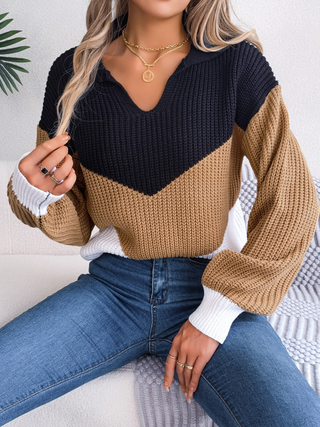 Color Block Dropped Shoulder Sweater - The Goddess Galleries
