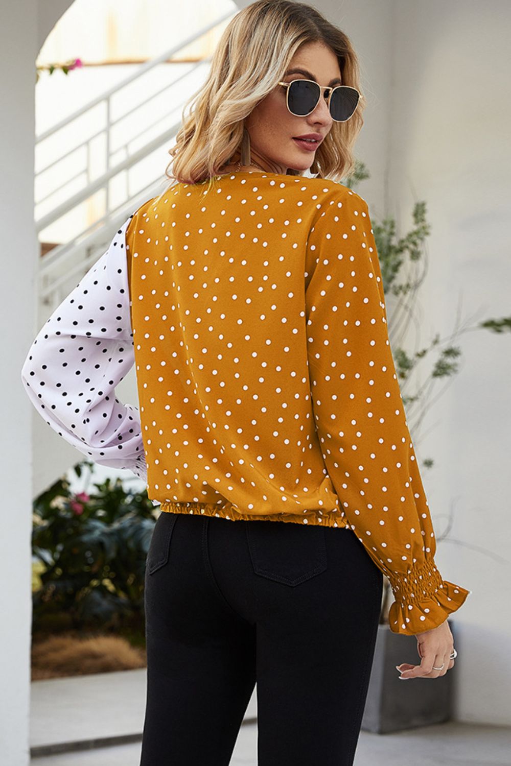 Ivy Lane Polka Dot Surplice Neck Lantern Sleeve Blouse - The Goddess Galleries