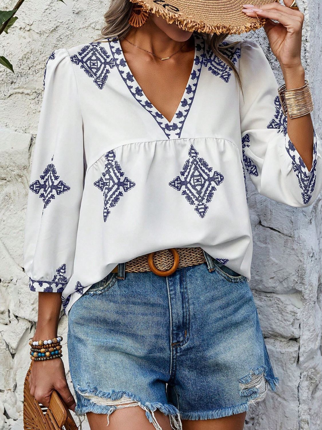 Printed V-Neck Three-Quarter Sleeve Blouse - The Goddess Galleries