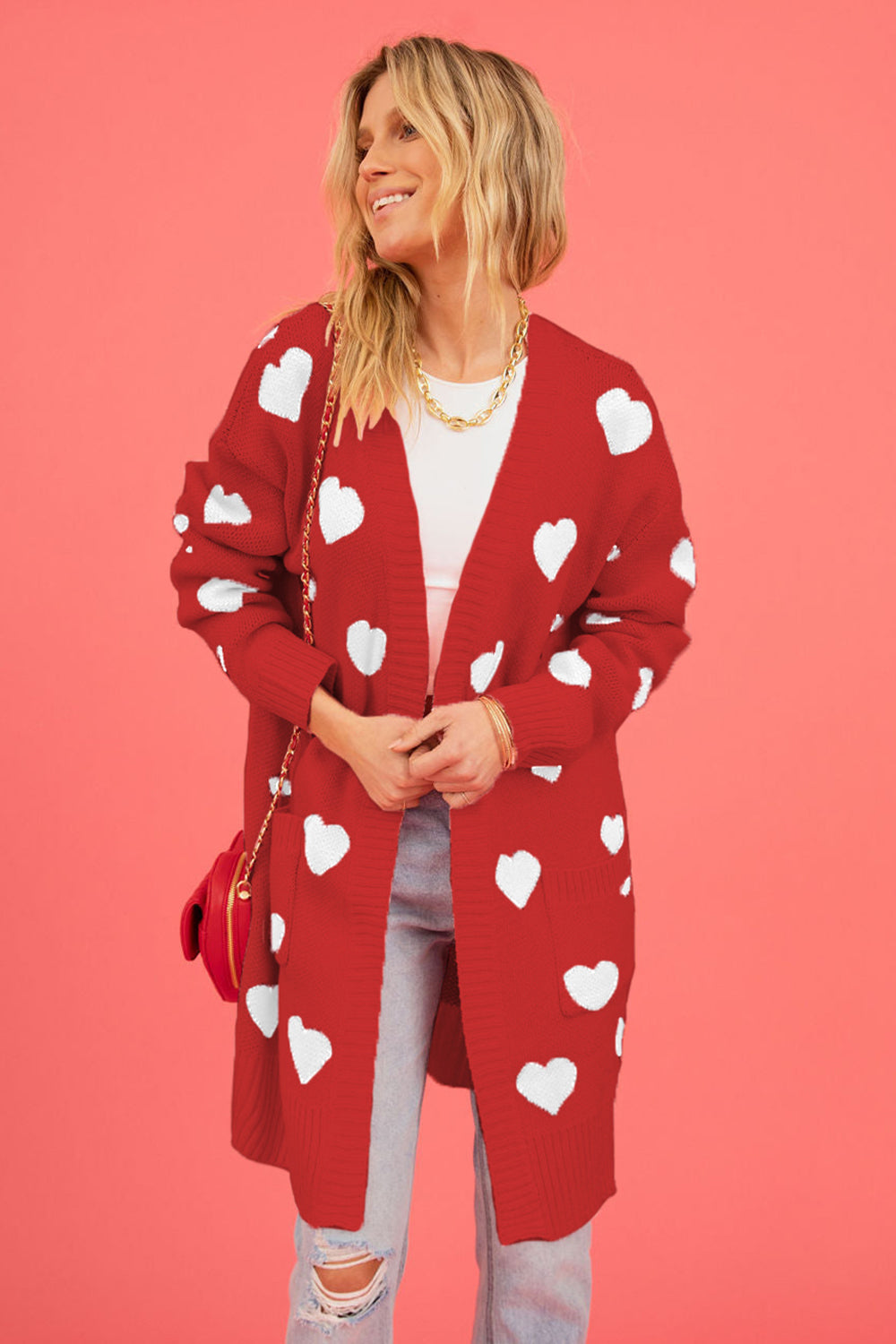 Heart Graphic Open Front Cardigan with Pockets - The Goddess Galleries