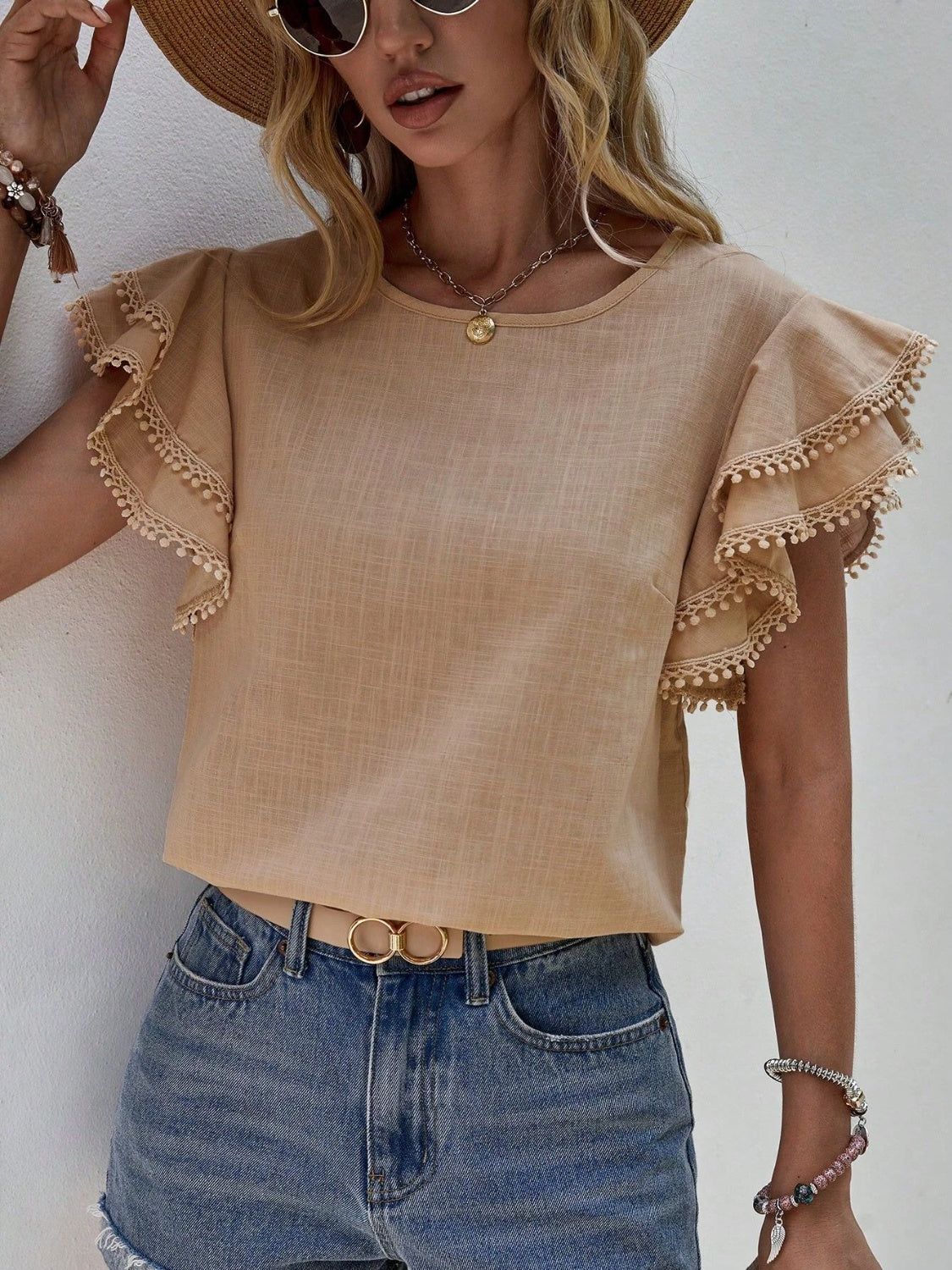 Ruffled Cap Sleeve Round Neck Blouse - The Goddess Galleries