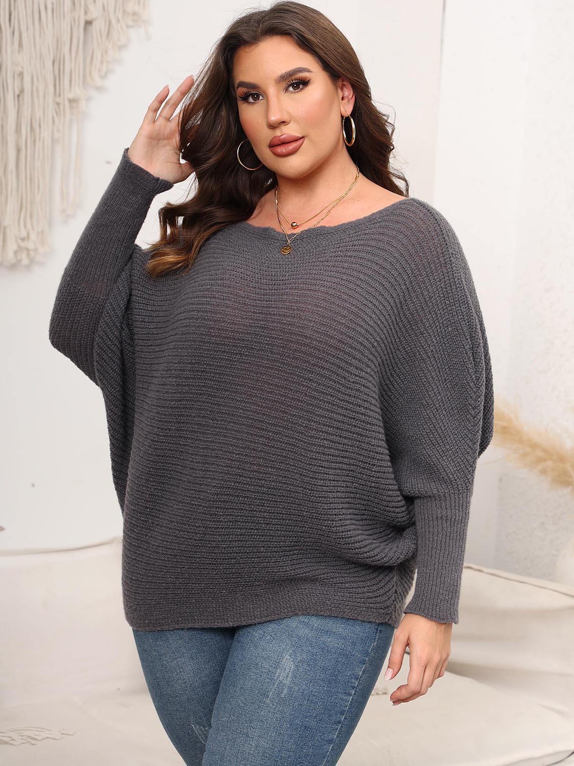 Full Size Boat Neck Batwing Sleeve Sweater - The Goddess Galleries