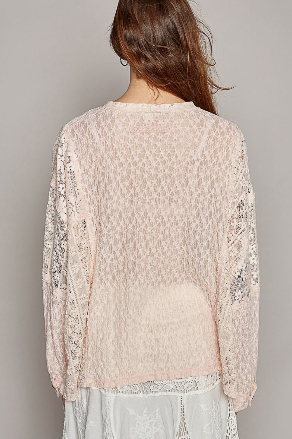 POL Round Neck Long Sleeve Raw Edge Lace Top - The Goddess Galleries
