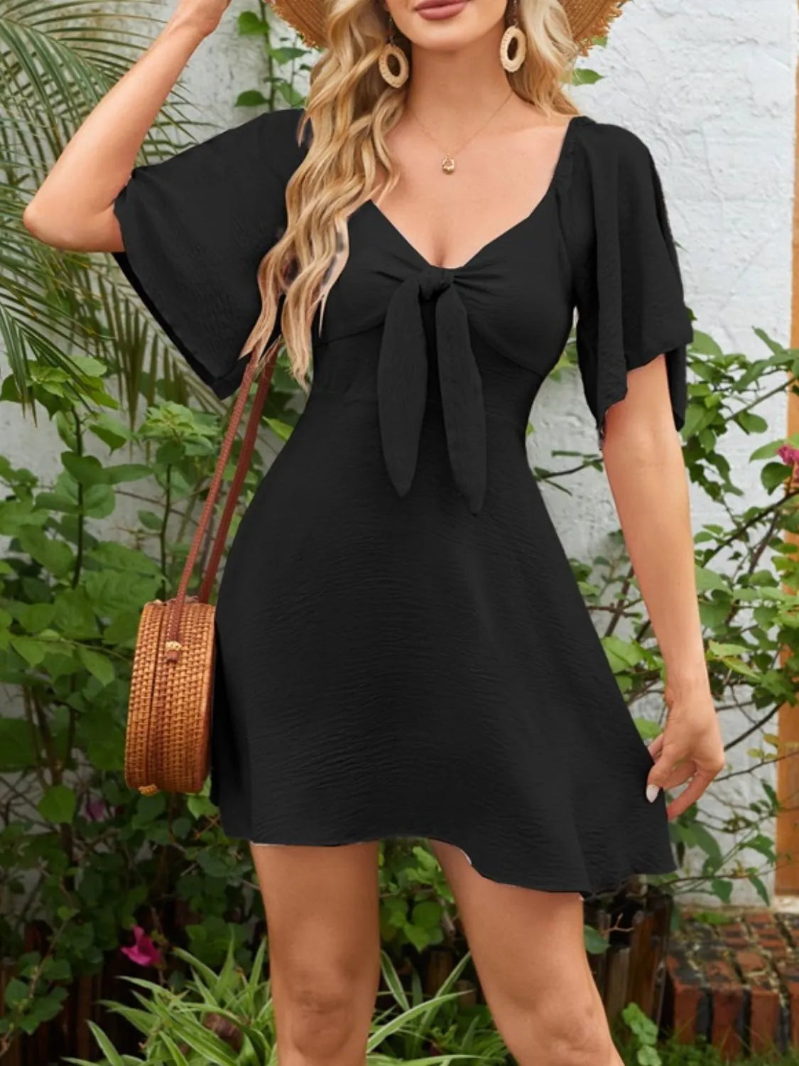 Smocked Back Knotted Flutter Sleeve Dress - The Goddess Galleries