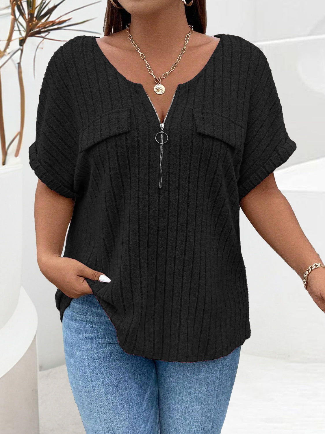 Plus Size Half Zip Short Sleeve T-Shirt - The Goddess Galleries
