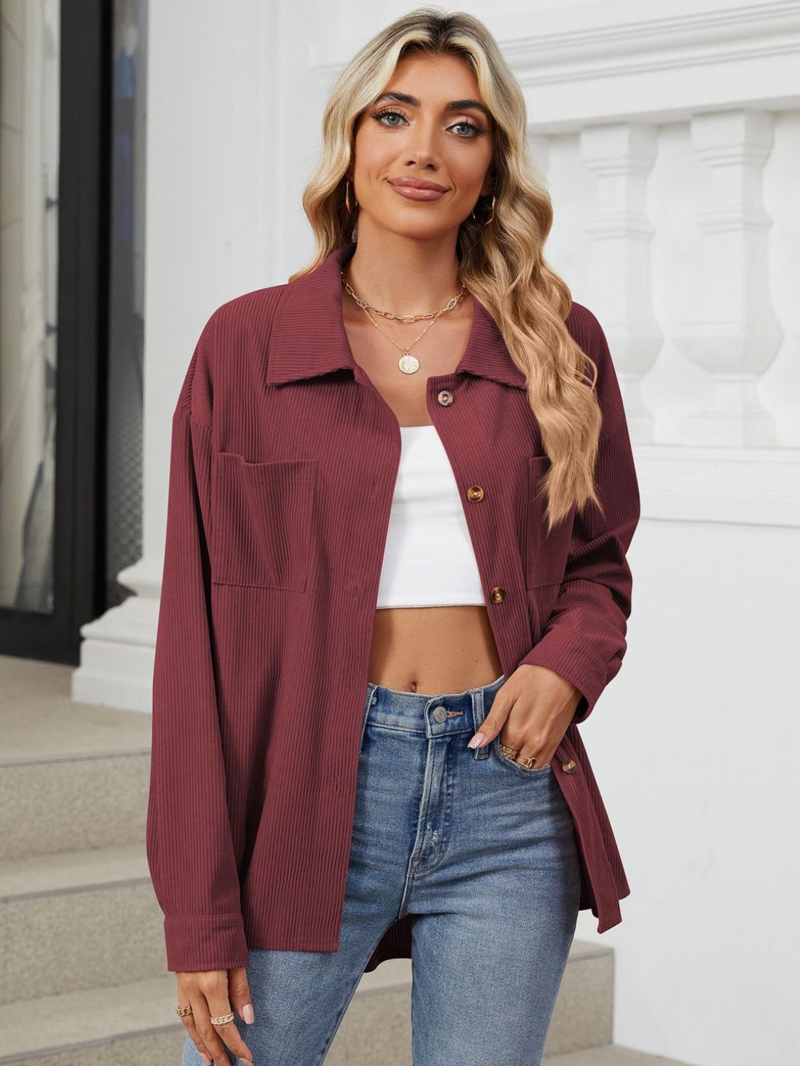 Button Up Long Sleeve Shirt with Breast Pockets - The Goddess Galleries