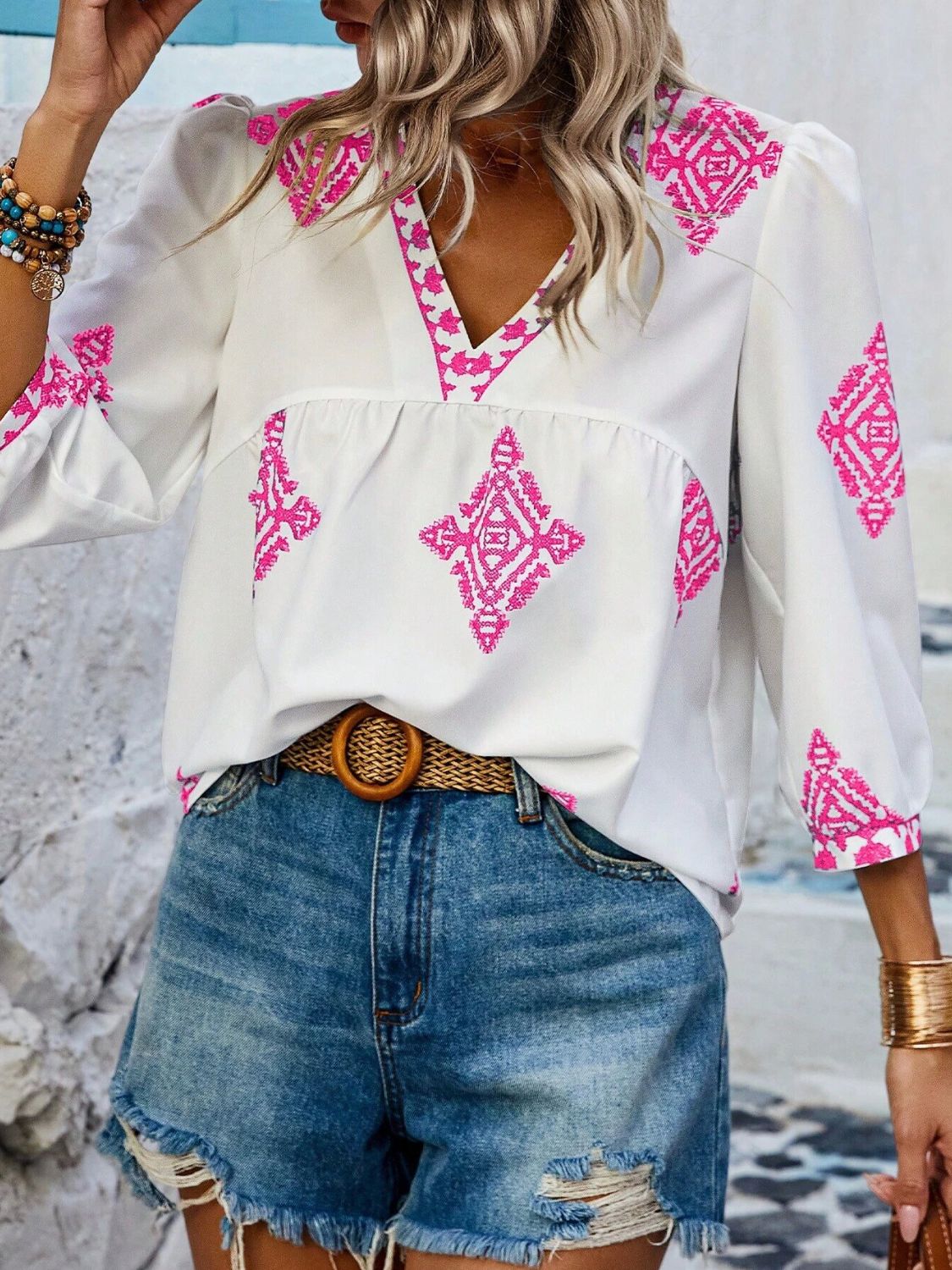 Printed V-Neck Three-Quarter Sleeve Blouse - The Goddess Galleries