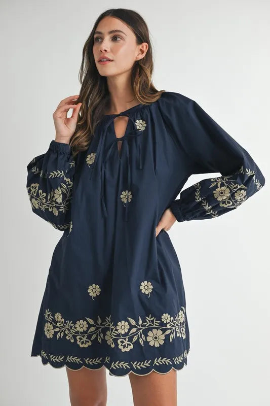 MABLE Embroidered Long Sleeve Peasant Mini Dress - The Goddess Galleries