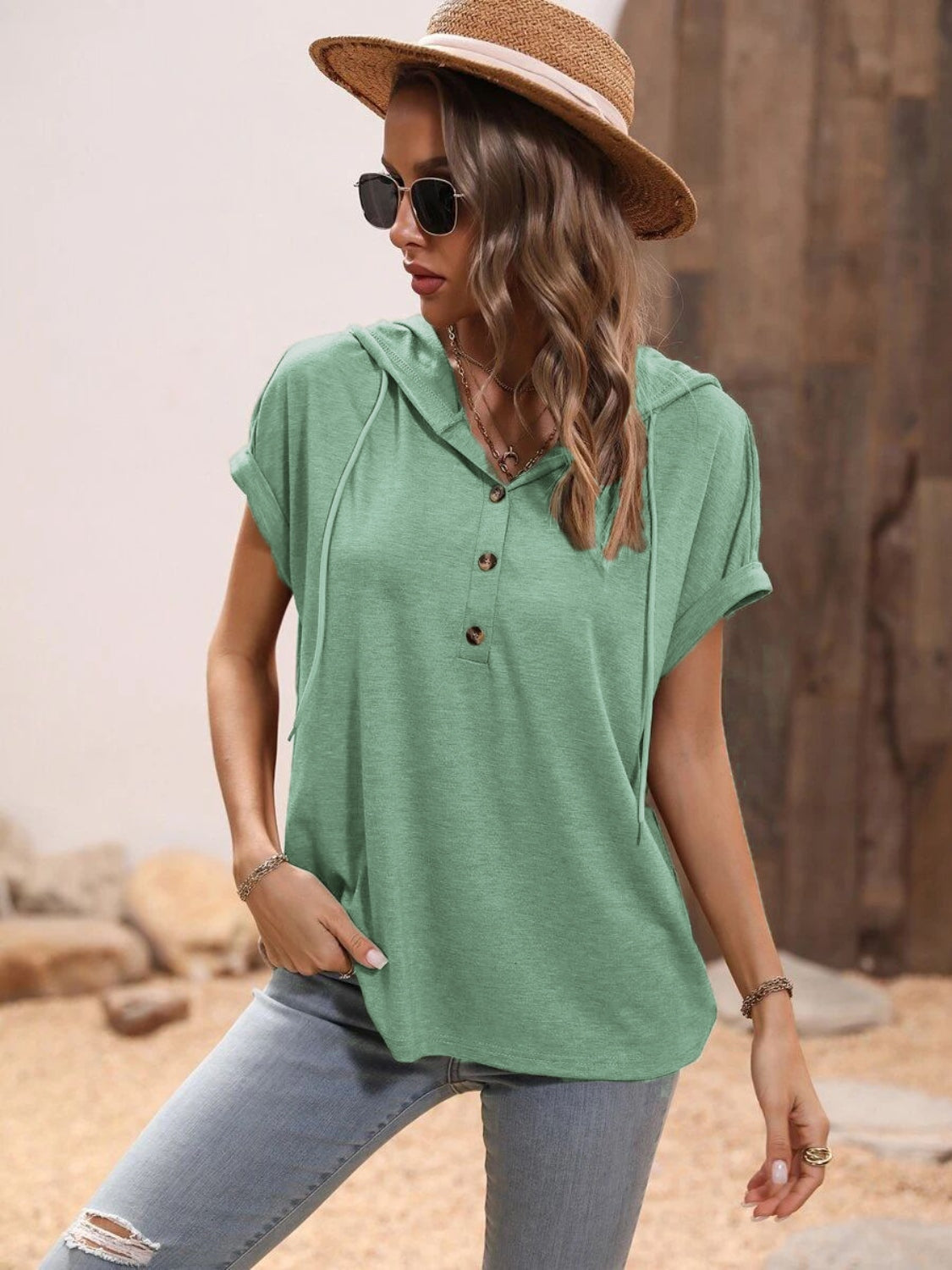 Half Button Hooded Short Sleeve Blouse - The Goddess Galleries