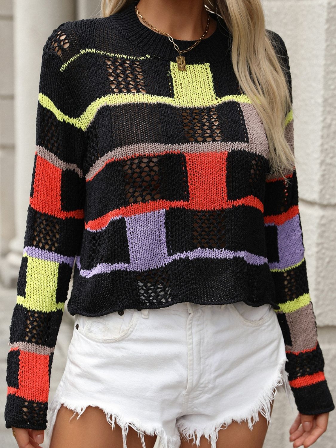 Openwork Color Block Round Neck Sweater - The Goddess Galleries