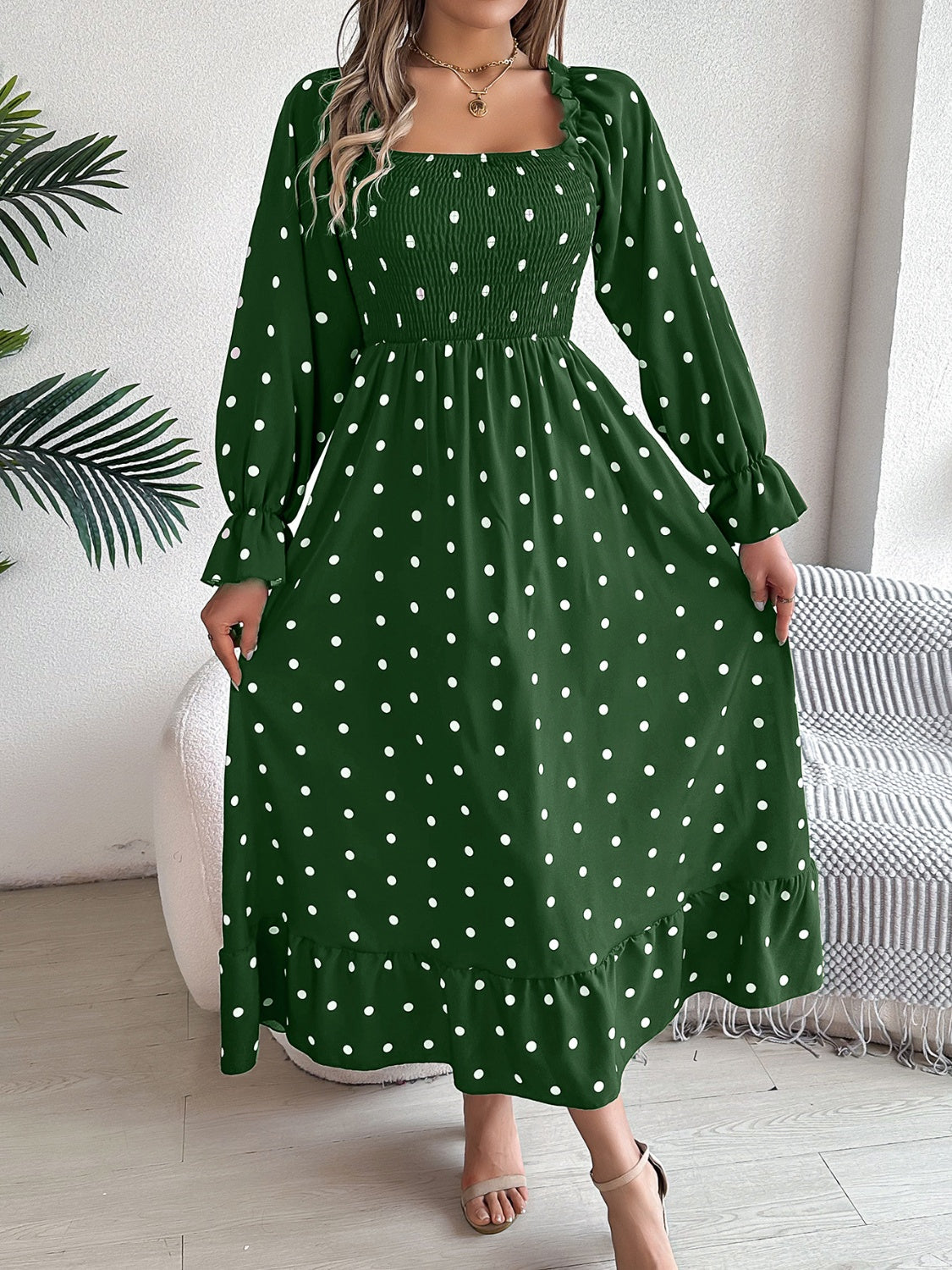 Polka Dot Flounce Sleeve Midi Dress - The Goddess Galleries