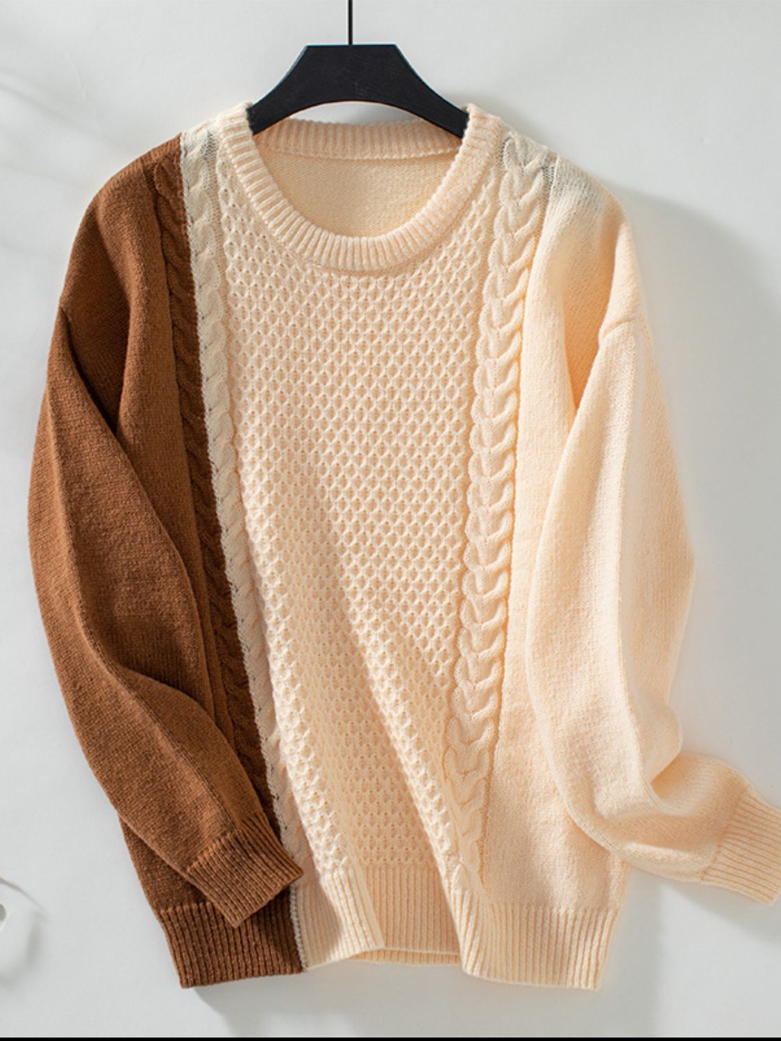 Two Tone Cable Knit Round Neck Long Sleeve Sweater - The Goddess Galleries