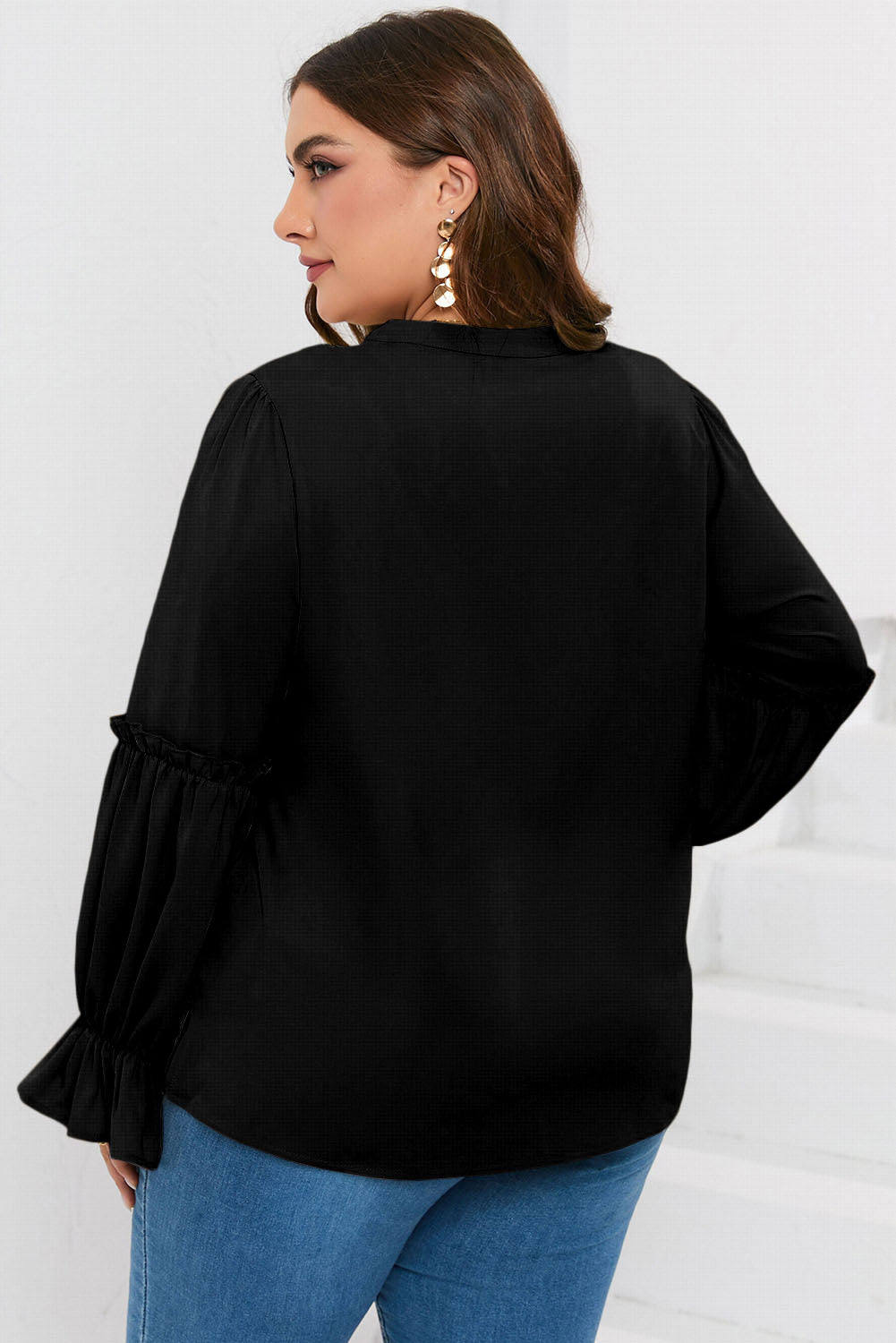 Plus Size Ruffled Tie Neck Flounce Sleeve Blouse - The Goddess Galleries