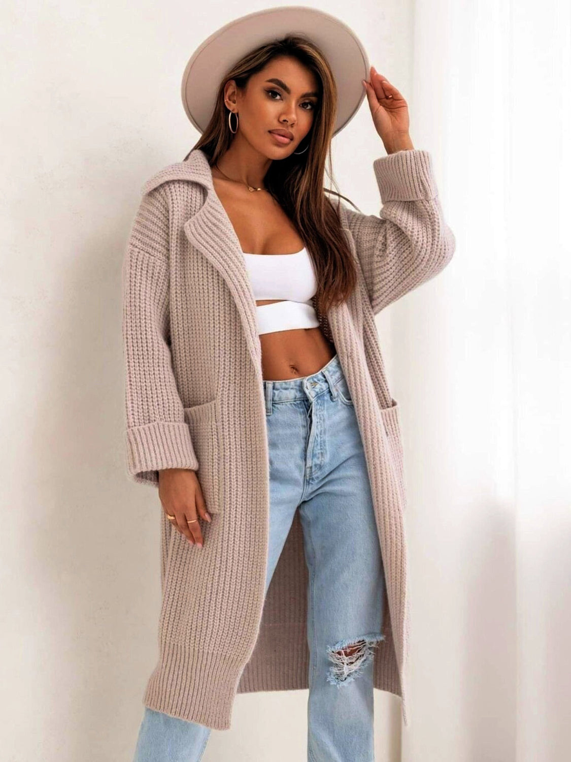 Pocketed Collared Neck Dropped Shoulder Cardigan - The Goddess Galleries