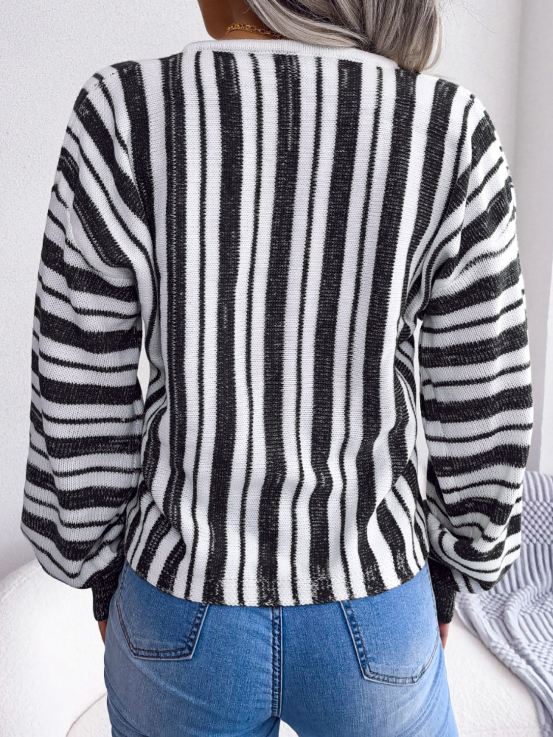 Striped Lace-Up Long Sleeve Sweater - The Goddess Galleries