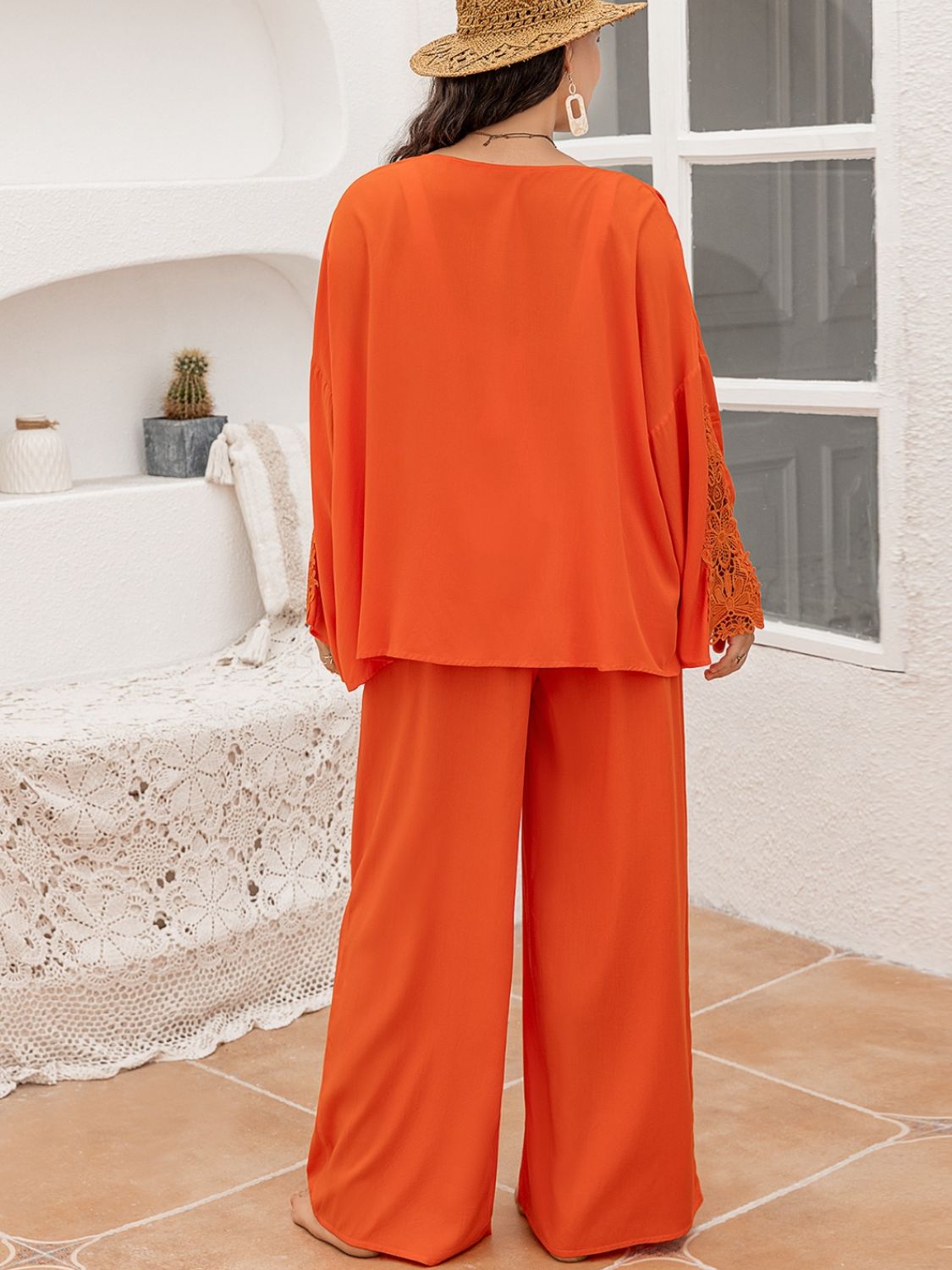 Plus Size Lace Detail Long Sleeve Top and Pants Set - The Goddess Galleries