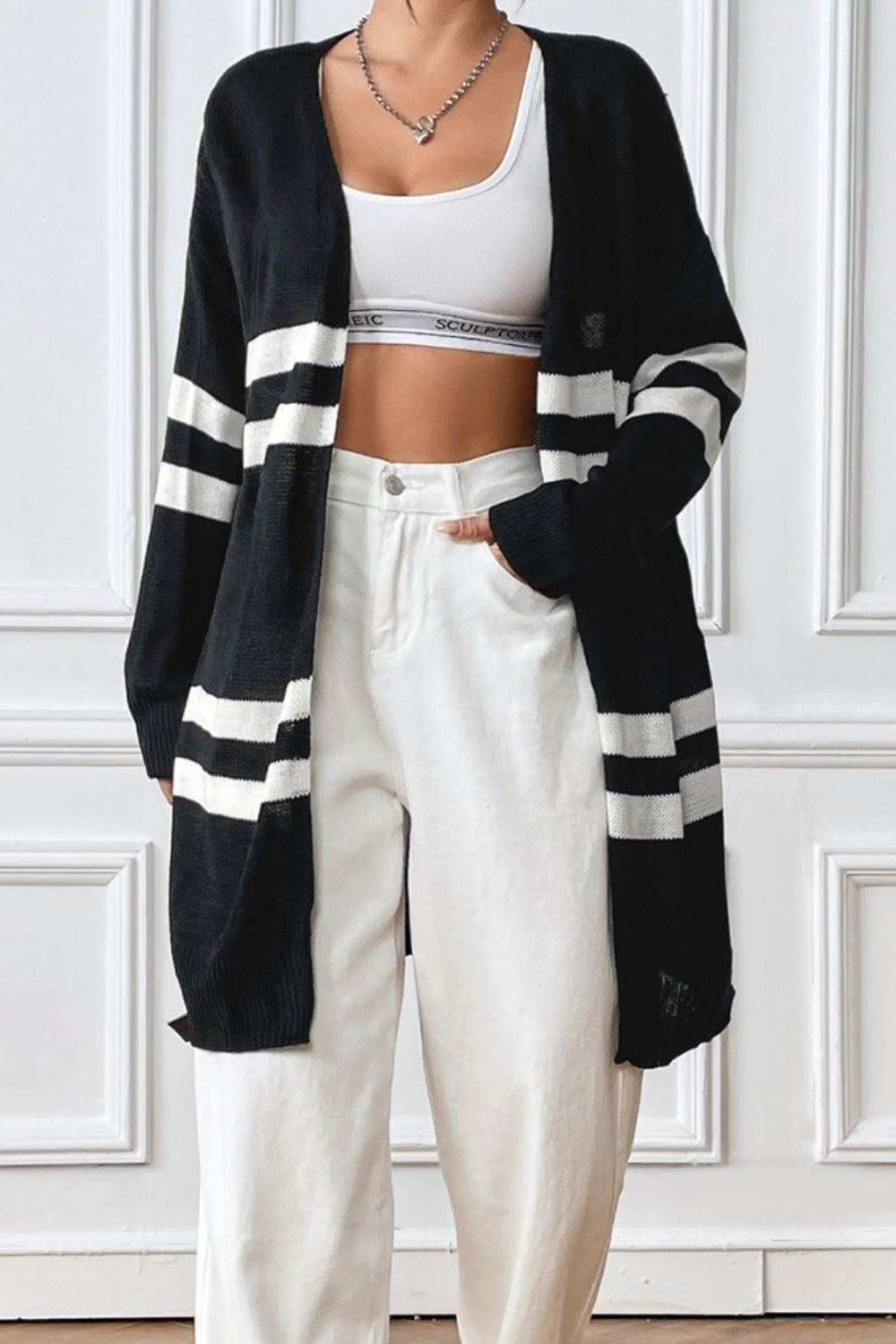 Striped Open Front Dropped Shoulder Cardigan - The Goddess Galleries