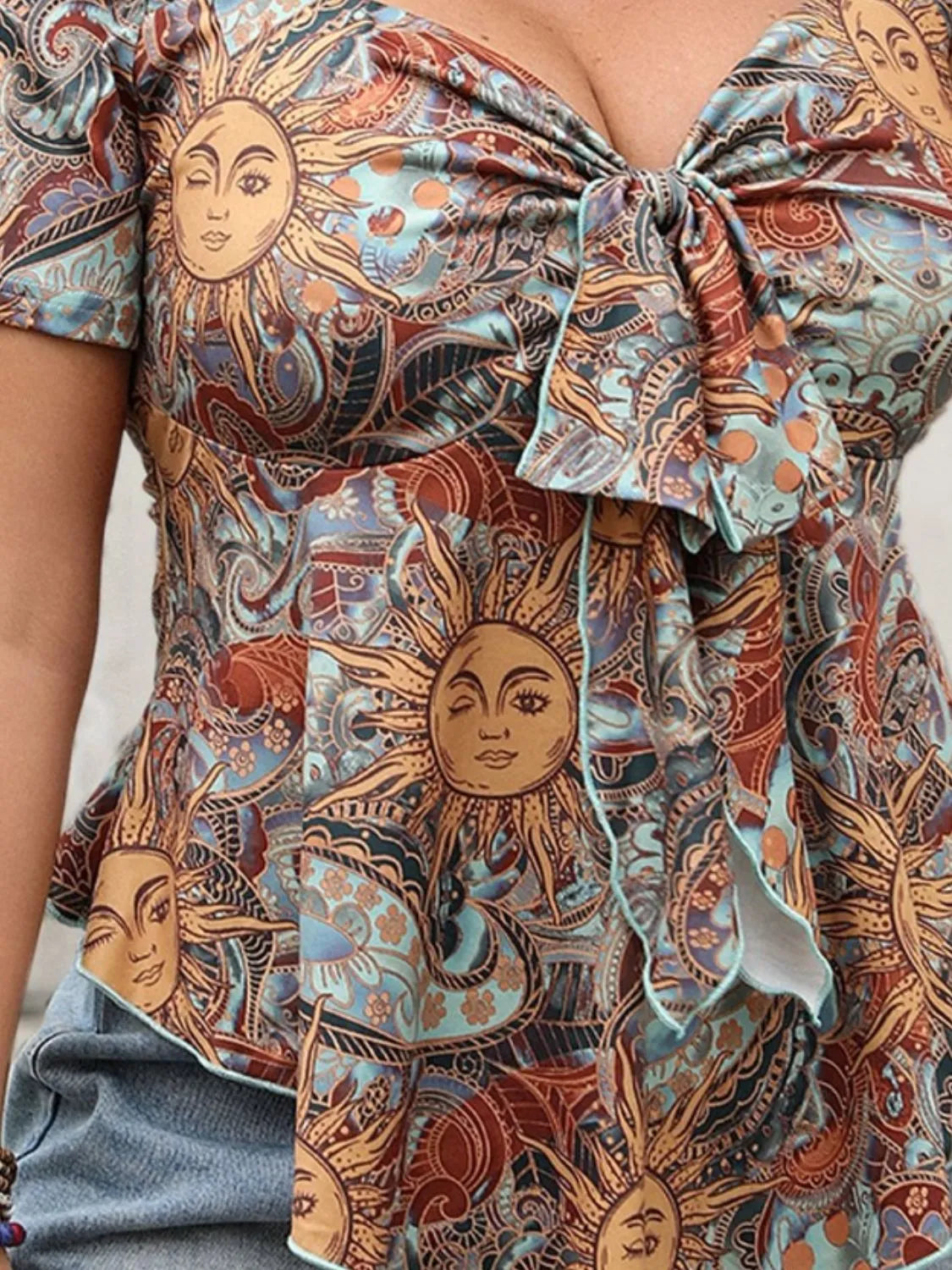 Plus Size Printed Sweetheart Neck Short Sleeve Blouse - The Goddess Galleries