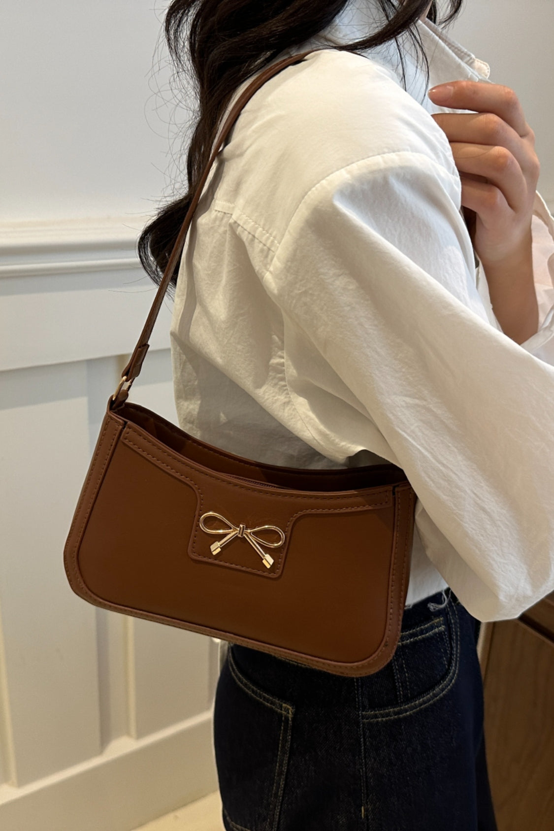 Bow Trim PU Leather Shoulder Bag - The Goddess Galleries