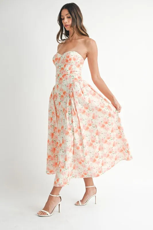 MABLE Sweetheart Neckline Floral Printed Midi Dress - The Goddess Galleries