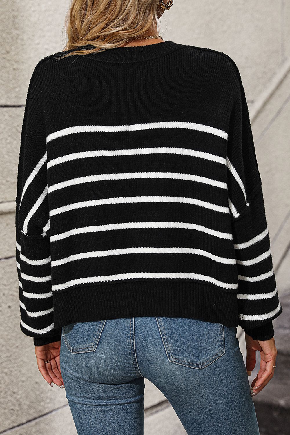 Striped Dropped Shoulder Round Neck Pullover Sweater - The Goddess Galleries