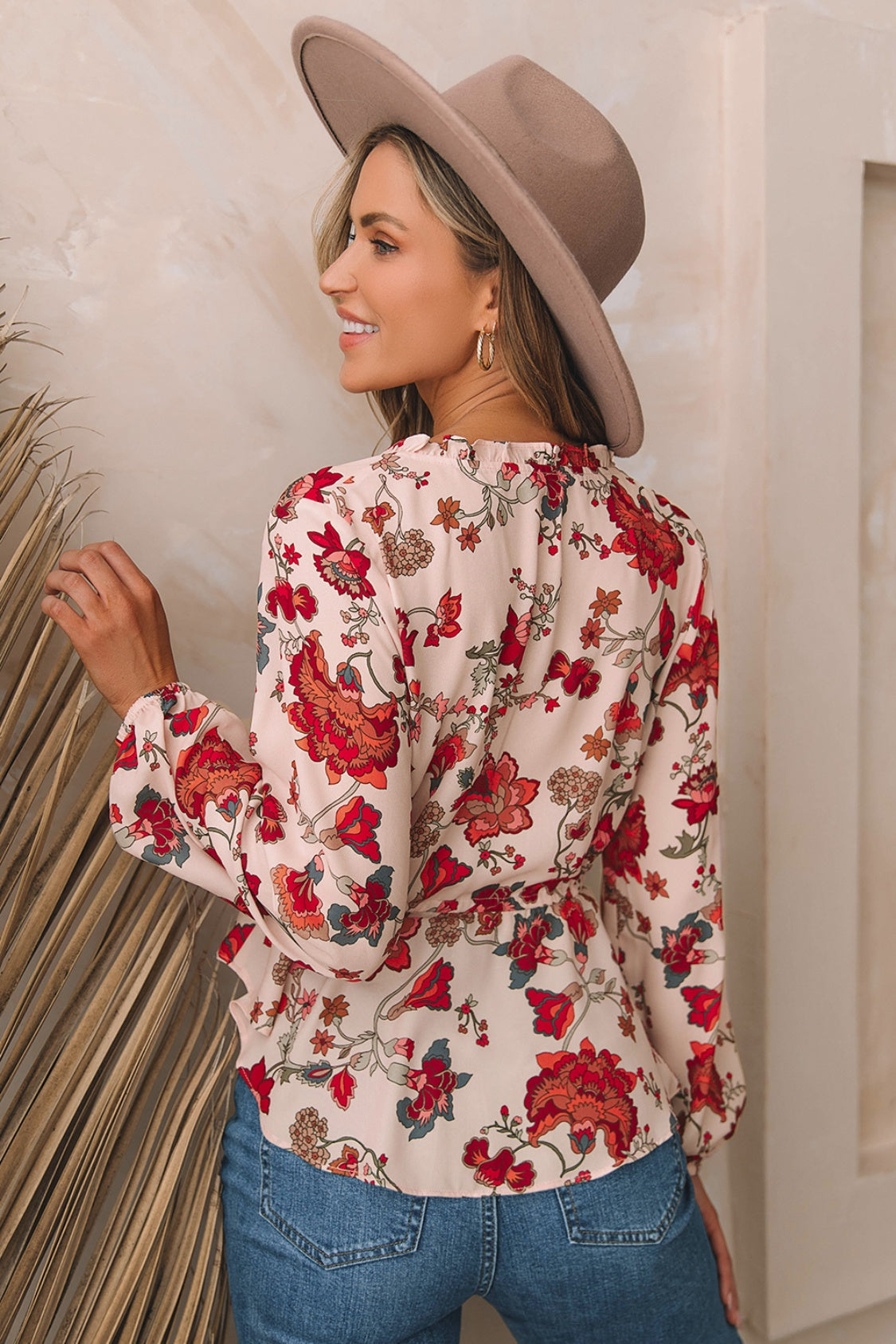 Floral V-Neck Drawstring Peplum Blouse - The Goddess Galleries