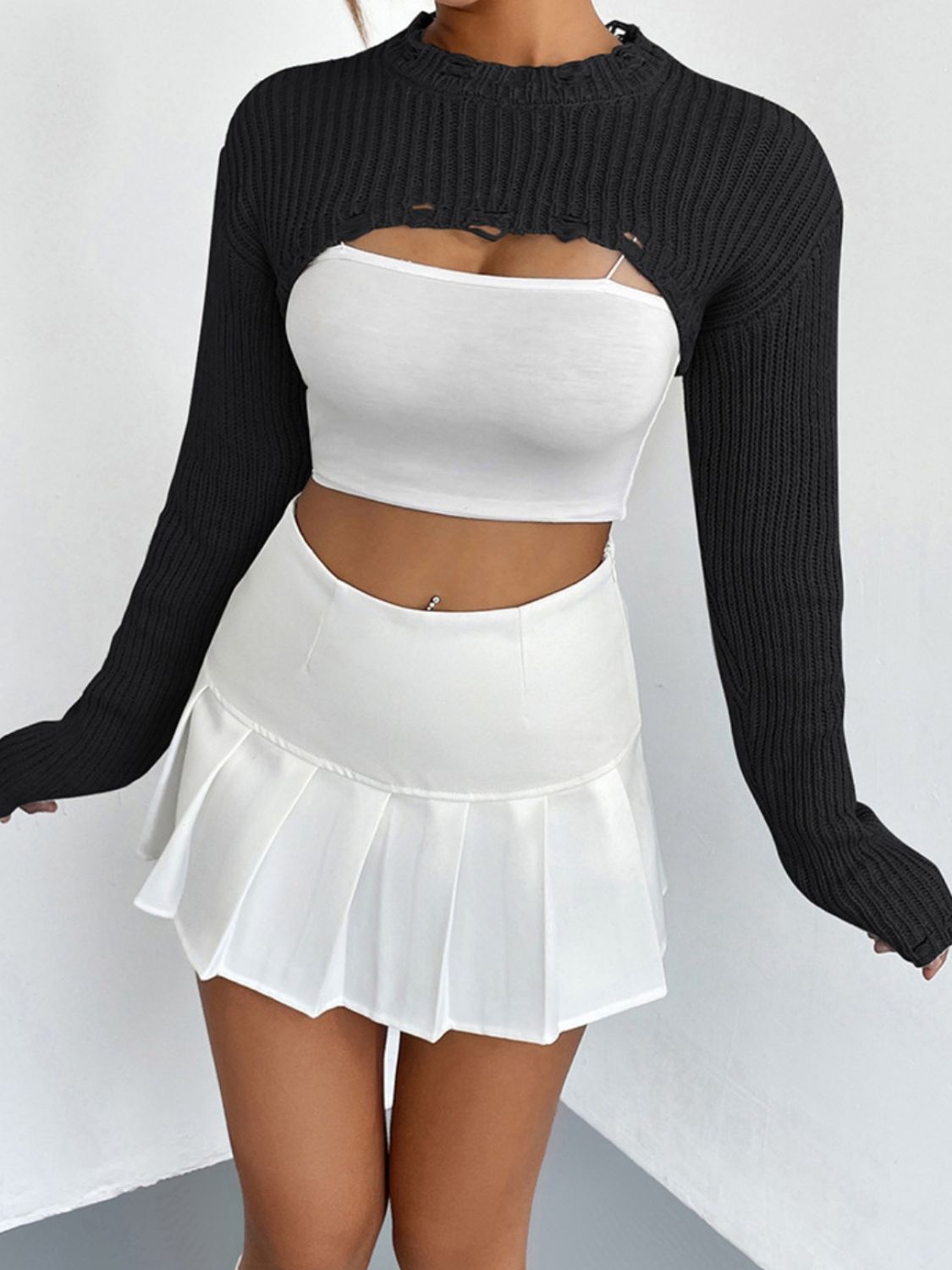 Distressed Long Sleeve Cropped Sweater - The Goddess Galleries