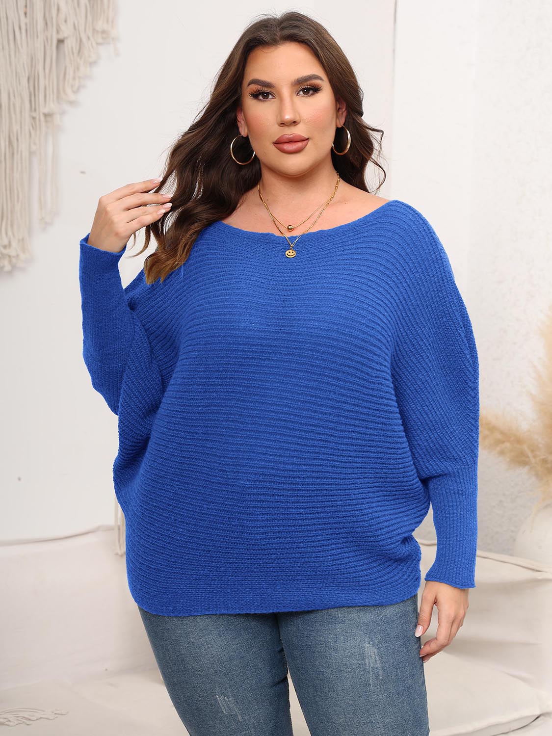 Full Size Boat Neck Batwing Sleeve Sweater - The Goddess Galleries
