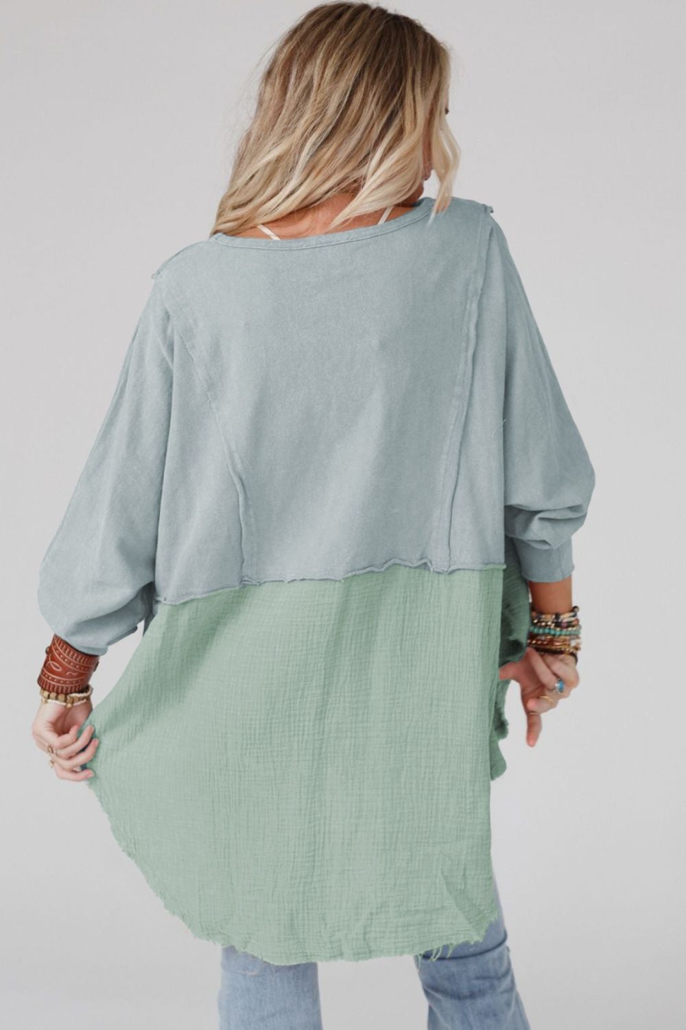 Contrast Texture Round Neck Long Sleeve Blouse - The Goddess Galleries