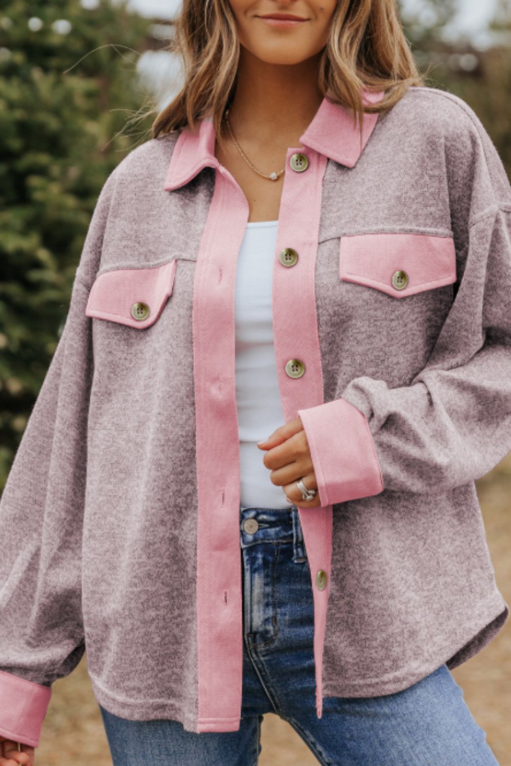 Contrast Trim Button Up Shacket - The Goddess Galleries