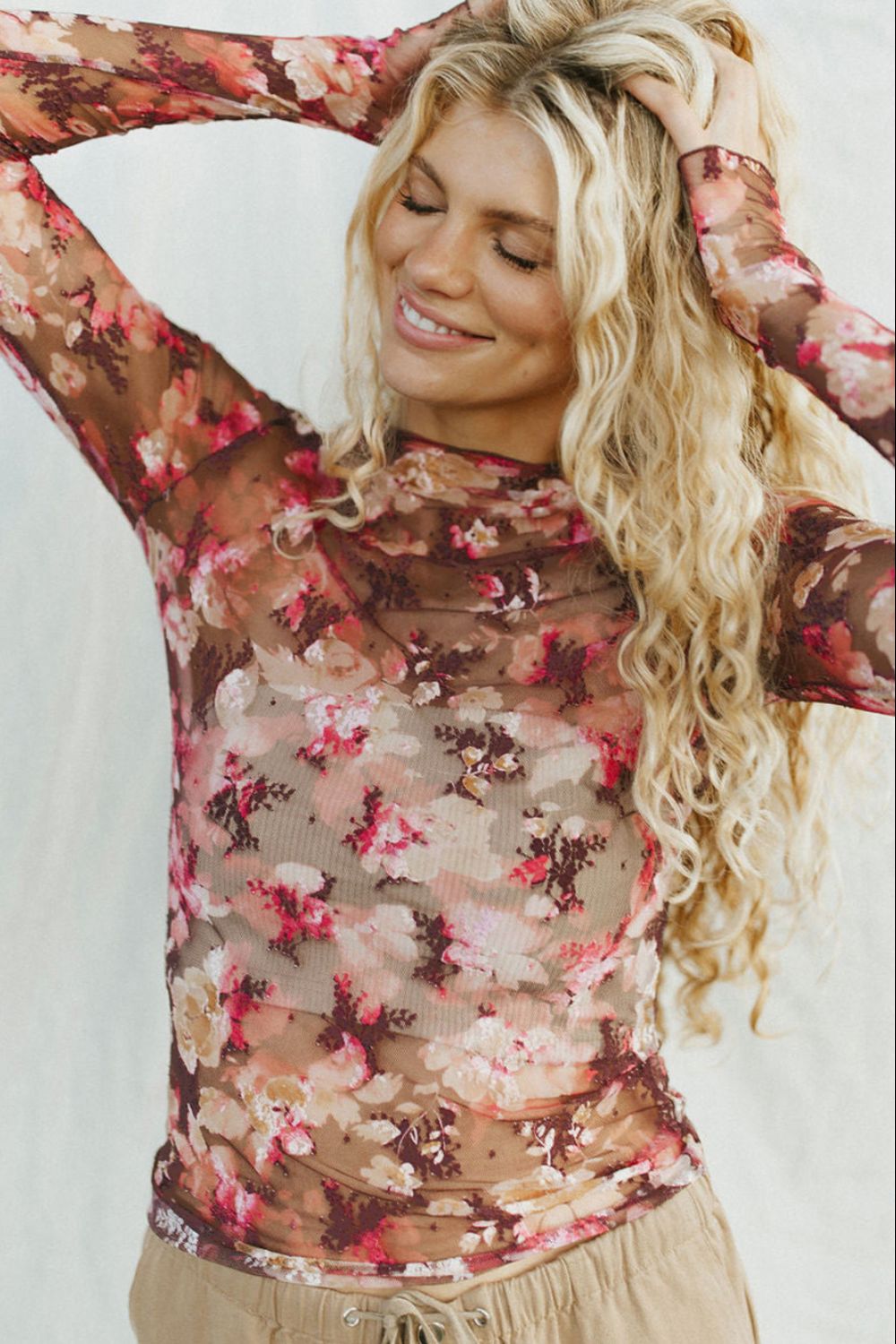 Floral Mock Neck Long Sleeve Sheer Top - The Goddess Galleries