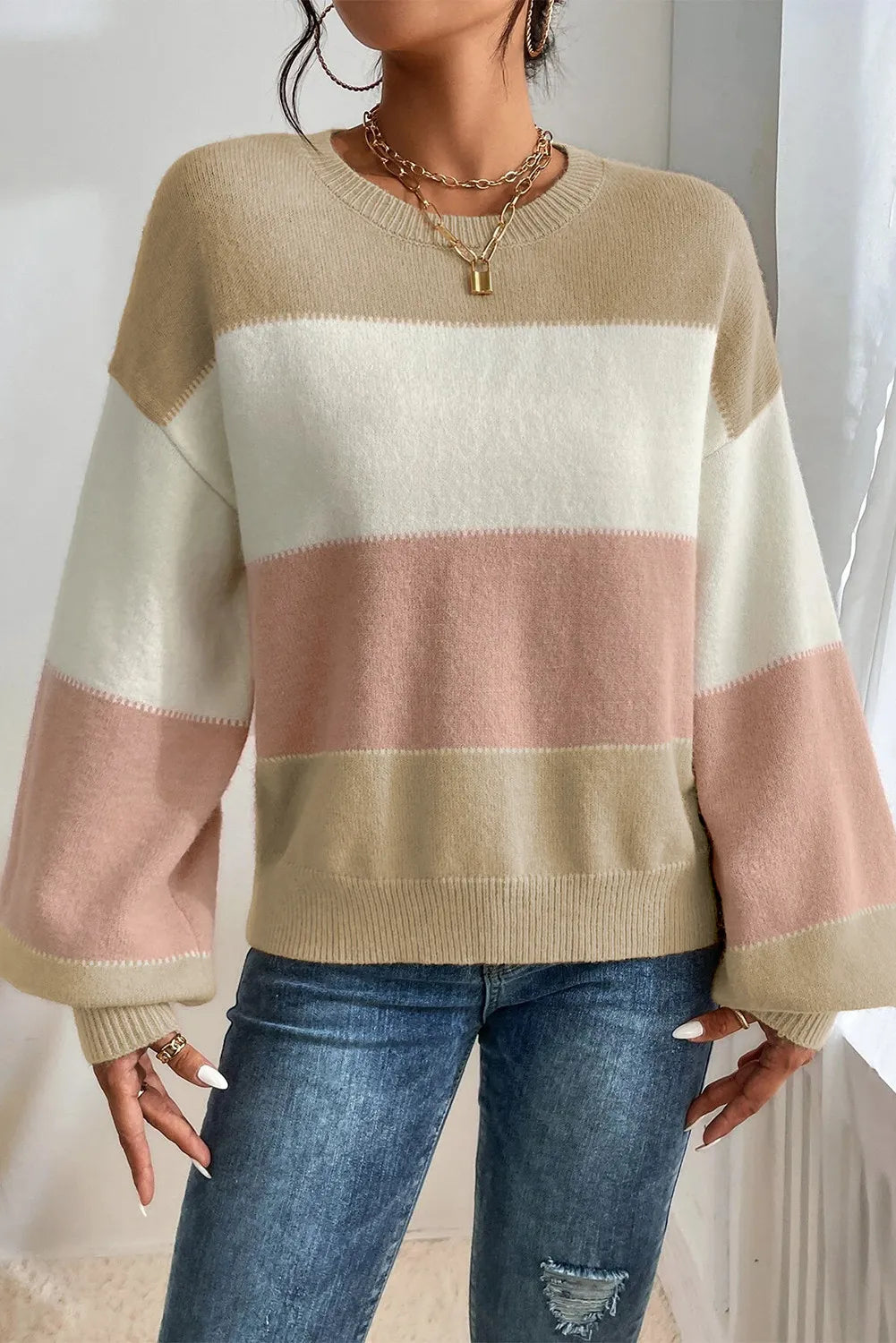 Color Block Round Neck Lantern Sleeve Sweater - The Goddess Galleries