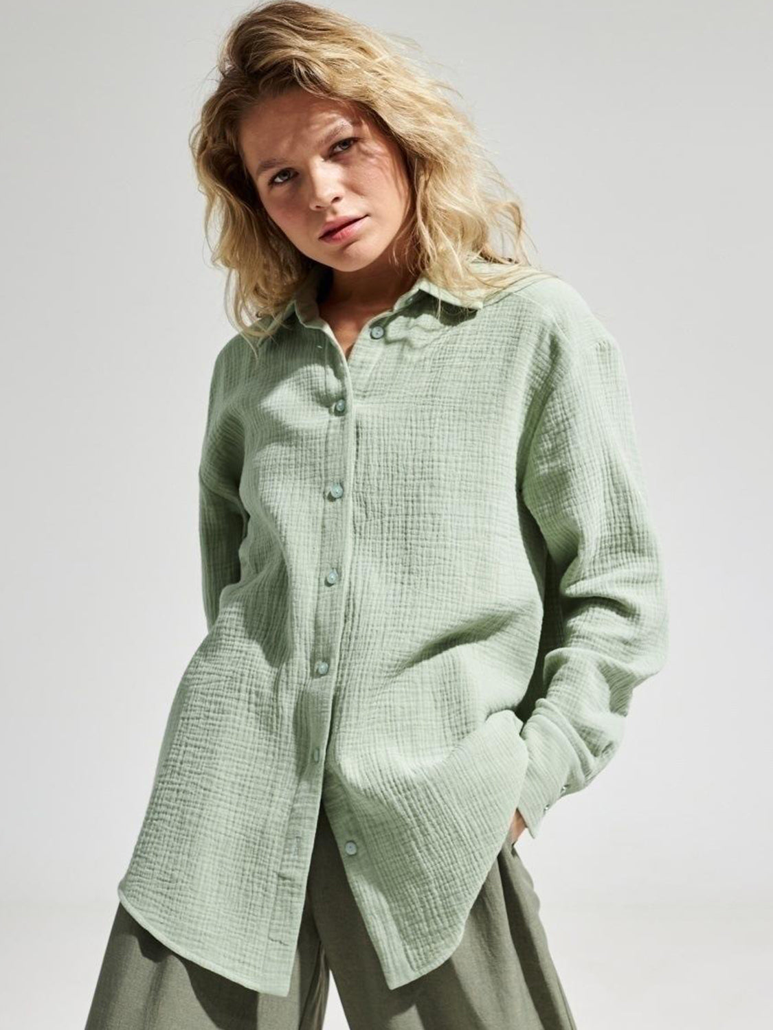 Textured Collared Neck Long Sleeve Shirt - The Goddess Galleries