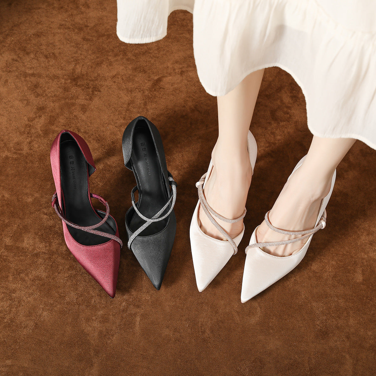Point Toe Rhinestone High Heel Pumps - The Goddess Galleries