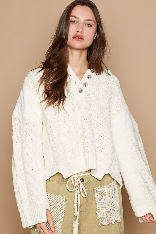 POL Cable-Knit Quarter Button Hooded Sweater - The Goddess Galleries