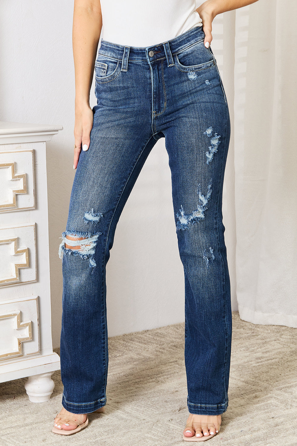 Judy Blue Full Size Mid Rise Hand Sand & Destroy Bootcut Jeans - The Goddess Galleries