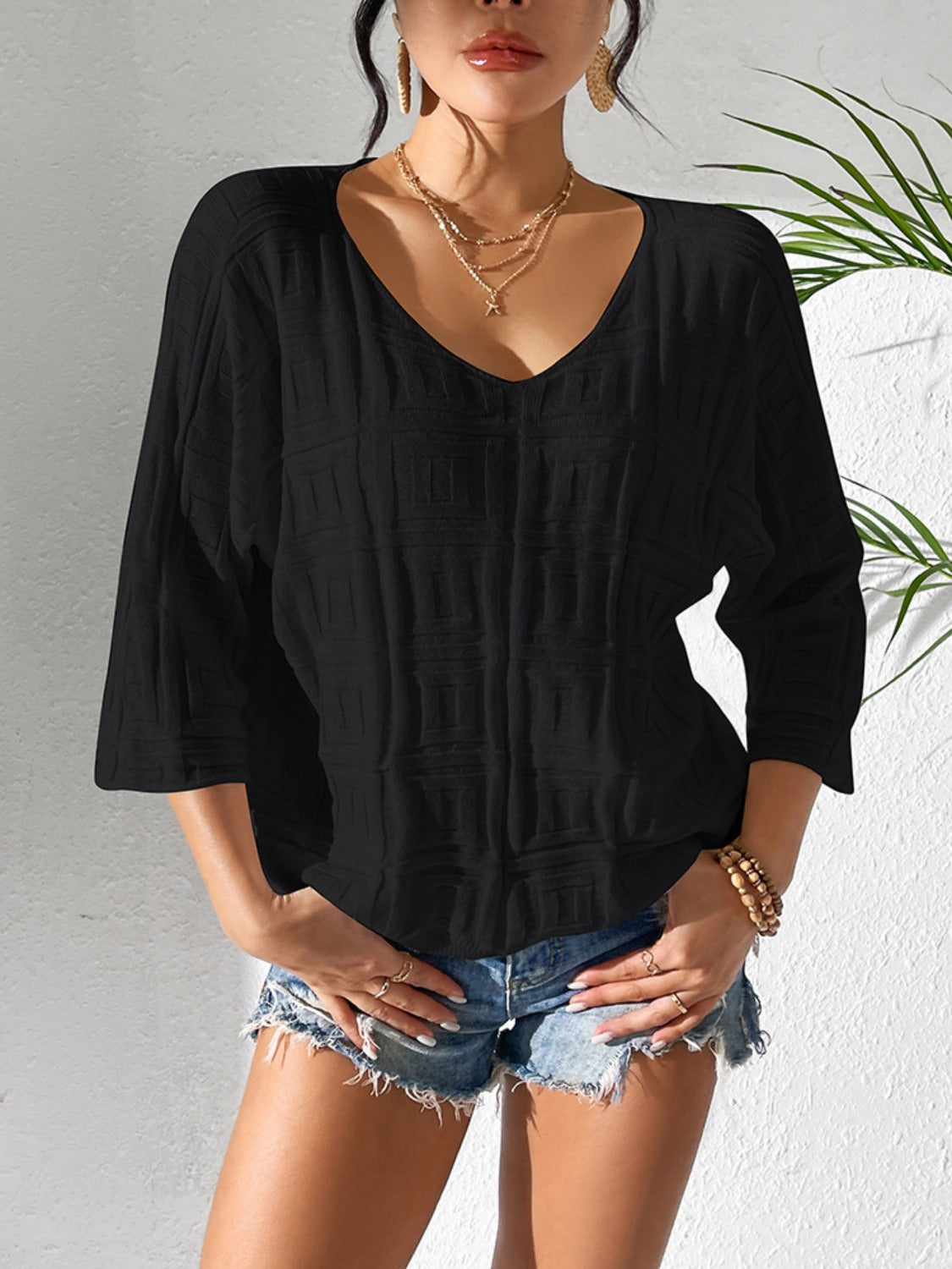 V-Neck Three-Quarter Sleeve Knit Top - The Goddess Galleries