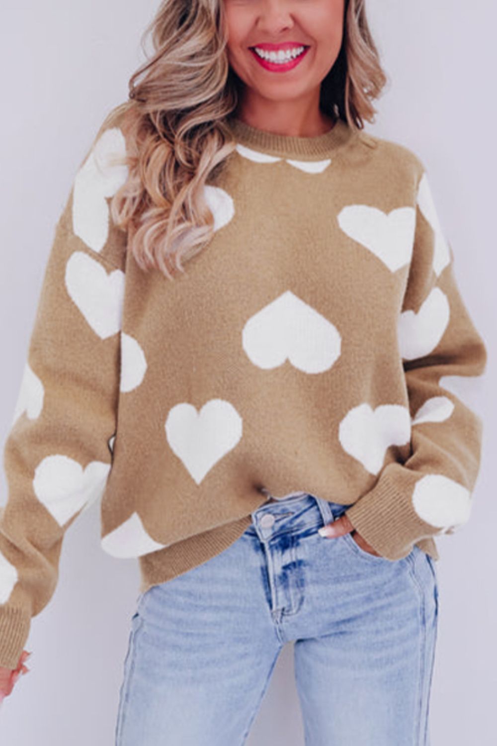 Heart Round Neck Long Sleeve Sweater - The Goddess Galleries