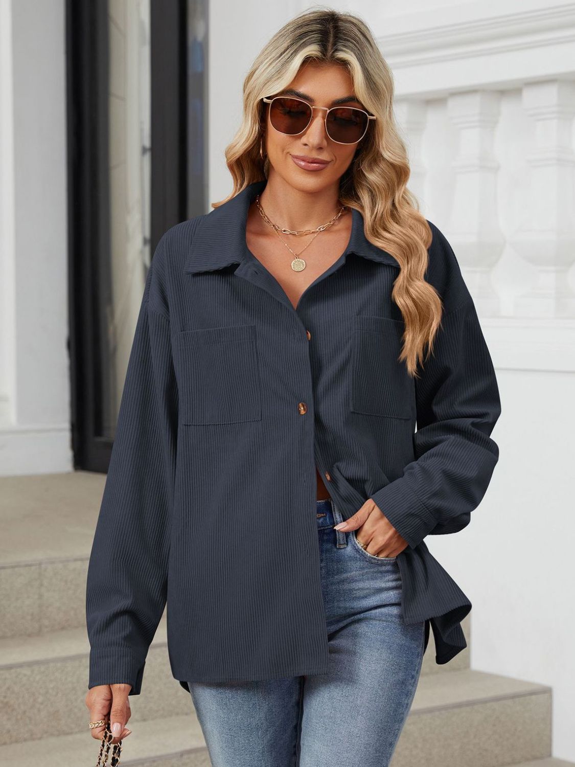 Button Up Long Sleeve Shirt with Breast Pockets - The Goddess Galleries
