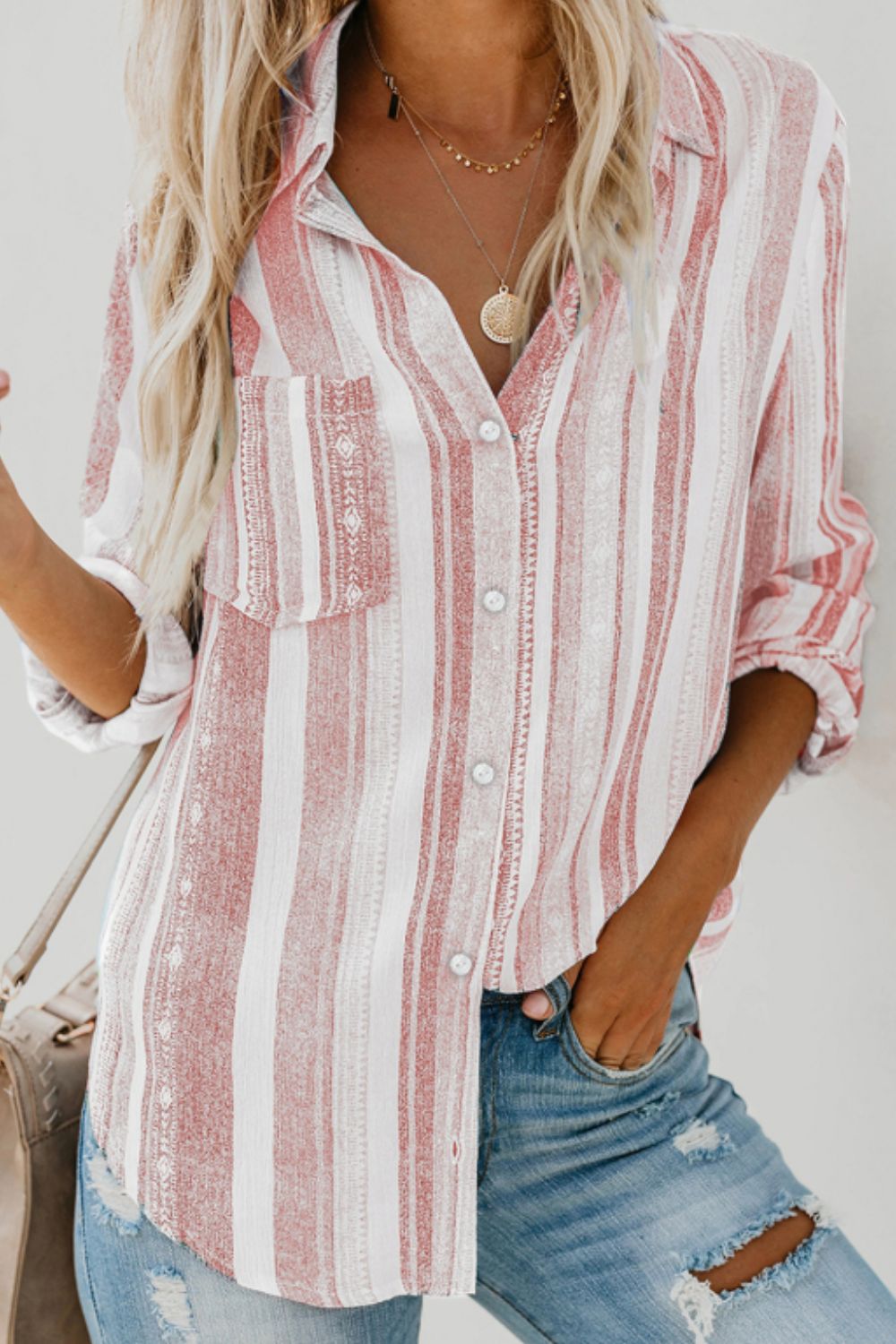 Striped Collared Neck Long Sleeve Shirt - The Goddess Galleries