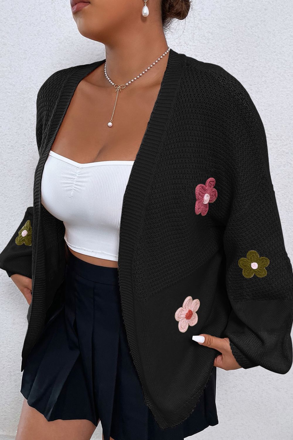 Floral Applique Drop Shoulder Open Front Cardigan - The Goddess Galleries
