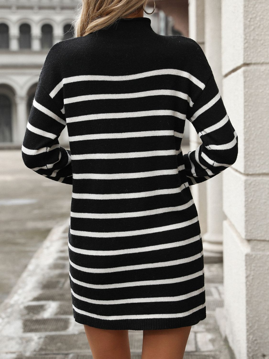 Striped Mock Neck Long Sleeve Mini Dress - The Goddess Galleries